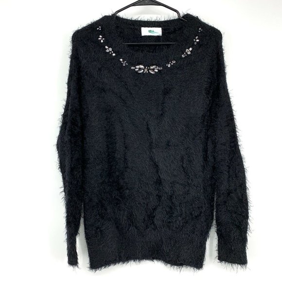 AZUL by Moussy Sweater Black Fuzzy Rhinestone Crew Neck Pullover - Picture 1 of 10